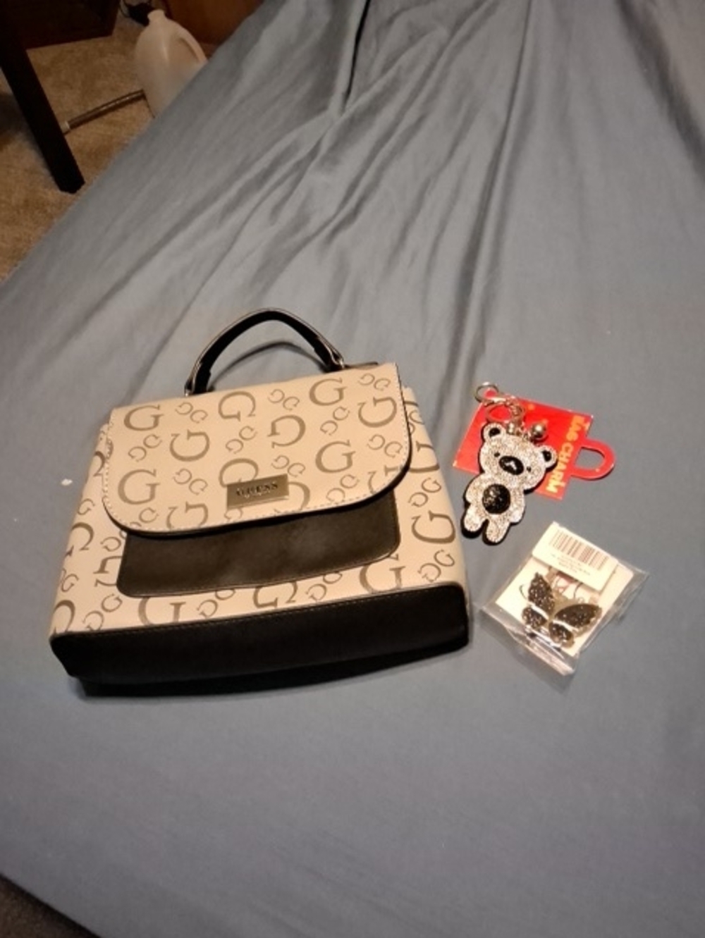 Guess Beige/ Black Logo Satchel with Top Handle Good Condition Bag Charm, Holder